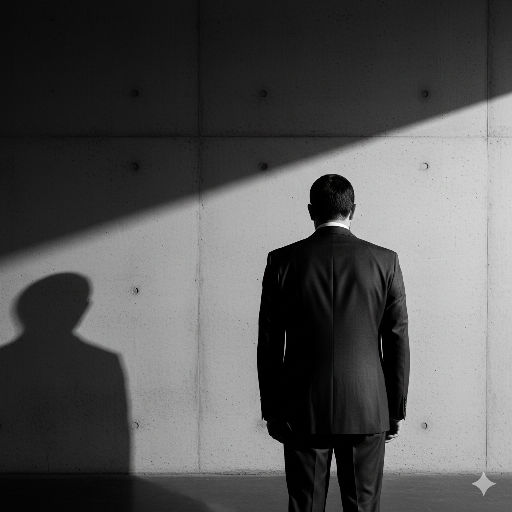 Editorial black and white portrait of a political leader conveying authority, seriousness, and long-term leadership